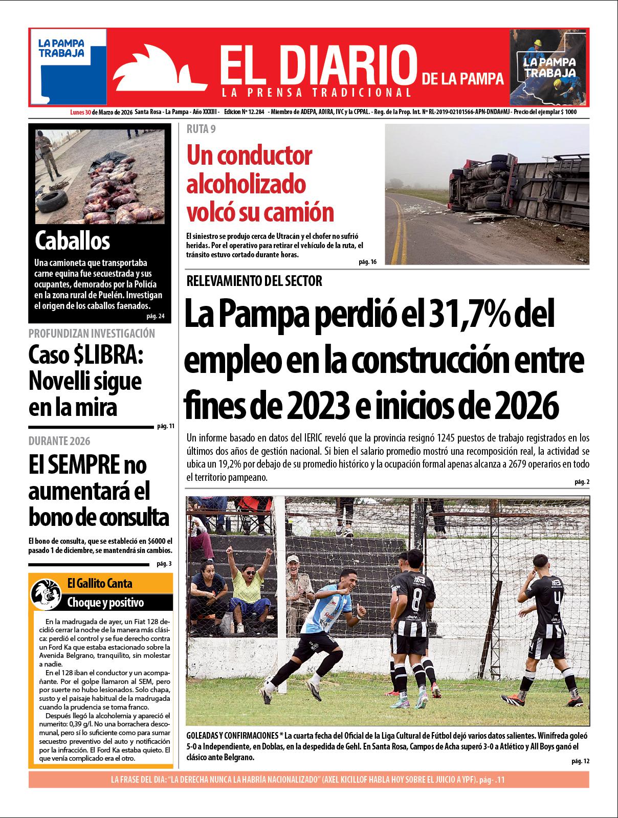 Tapa de El Diario en papel  lunes 30 de marzo de 2026